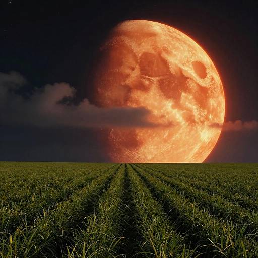 Glowing Orange Planet Over Green Fields