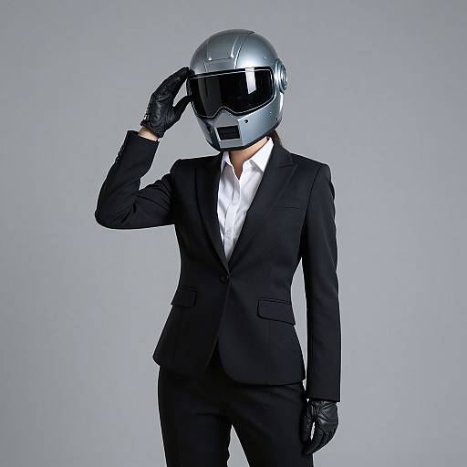 Photograph of a person in a black suit, white shirt, black gloves, silver helmet with visor, saluting against a gray background.