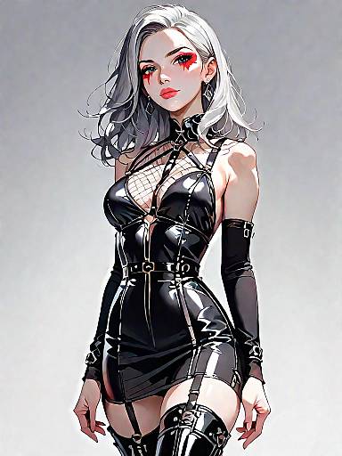 Woman in Strappy Black Satin Mini Dress and Thigh-High Boots