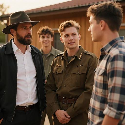 Four Men Engaged in Conversation Outdoors