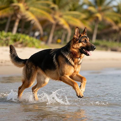 Photograph of a black and tan German Shepherd dog joyfully running in shallow ocean water on a sunny beach with palm trees in the background.