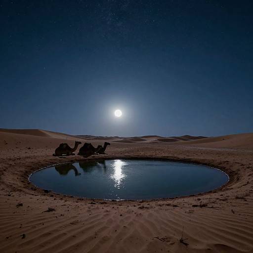 Photograph of a moonlit desert night with a circular waterhole reflecting the full moon, surrounded by sandy dunes and scattered rocks.