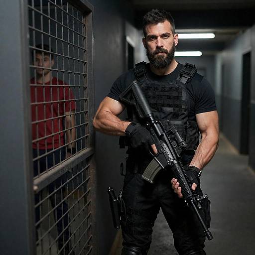 Tactical Operative in Dim Industrial Hallway