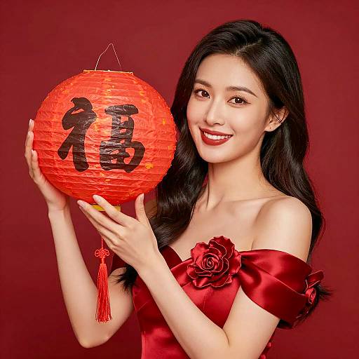 Asian Woman Holding Red Chinese Lantern
