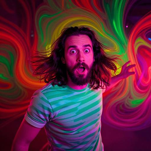 Photograph of a bearded man with shoulder-length brown hair, wearing a striped green and white shirt, against a vibrant, swirling, neon rainbow background