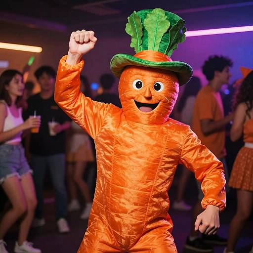 Photograph of a person in an orange, carrot-themed costume with a green top hat, raising a fist at a vibrant, neon-lit party with