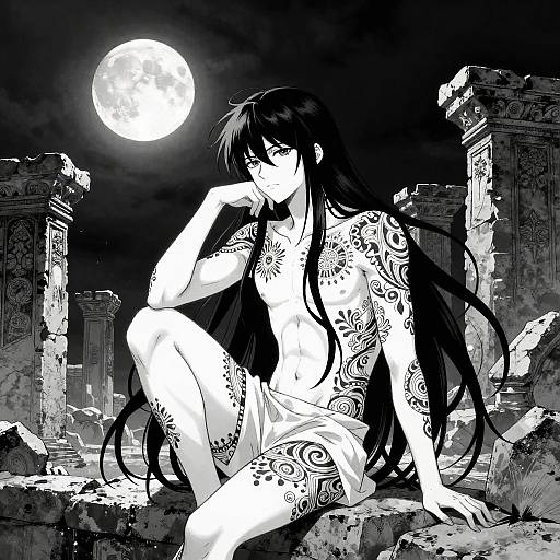 Monochrome manga-style illustration of a tattooed, long-haired woman sitting on ruins under a full moon, contemplating with a thoughtful expression.