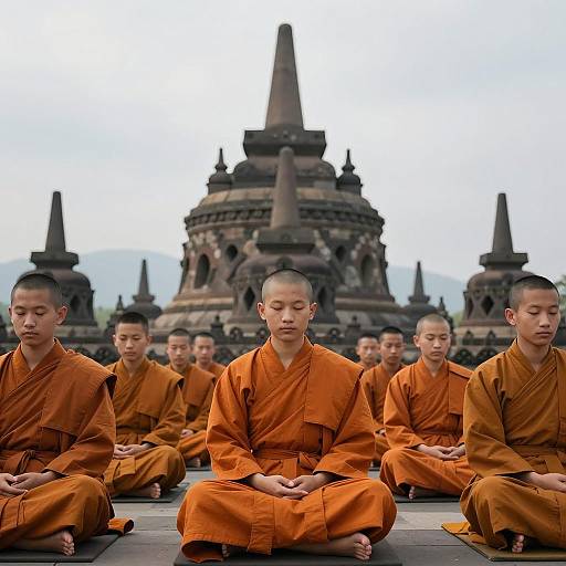 Serene Monks Meditating at Ancient Temple
