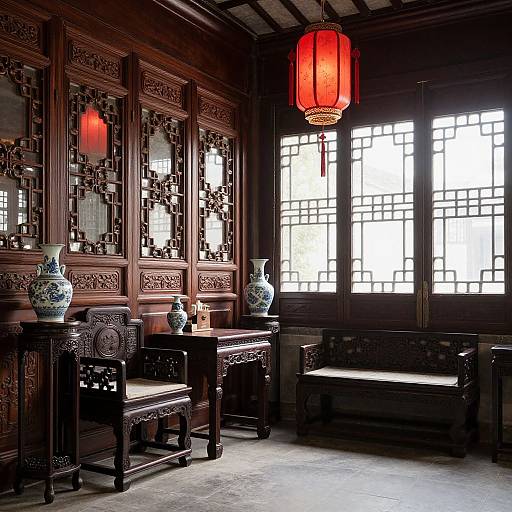 Photograph of an elegant traditional Chinese room with dark wooden furniture, intricate carvings, blue porcelain vases, red lantern, and sunlight through lattice