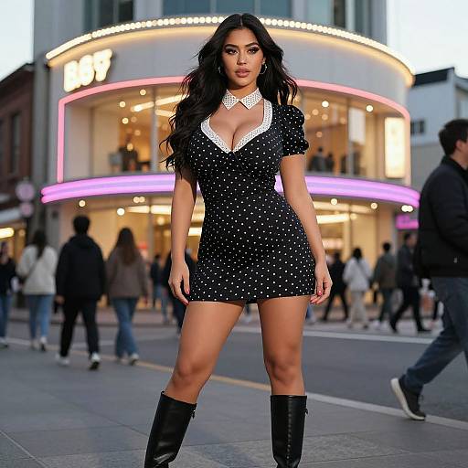 Photograph of a confident woman with long dark hair, wearing a black polka dot dress with white collar, black boots, standing on a busy city