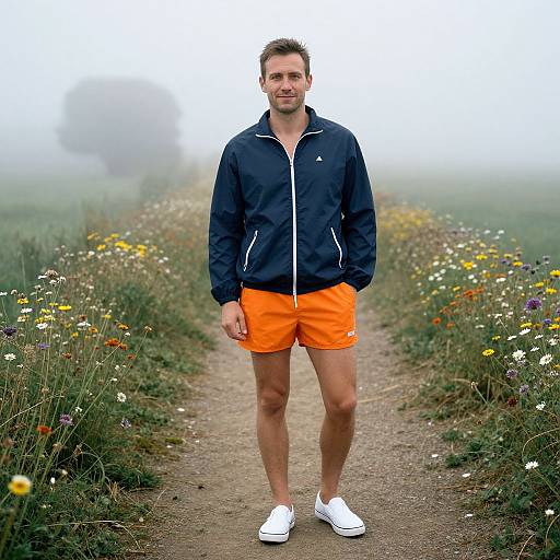 Photograph of a smiling, fit man with short brown hair, wearing a black jacket, orange shorts, white shoes, standing on a foggy flower