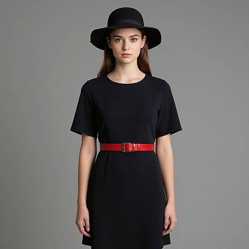 Photograph of a young woman with fair skin and brown hair, wearing a black hat, black short-sleeve dress, and red belt, standing