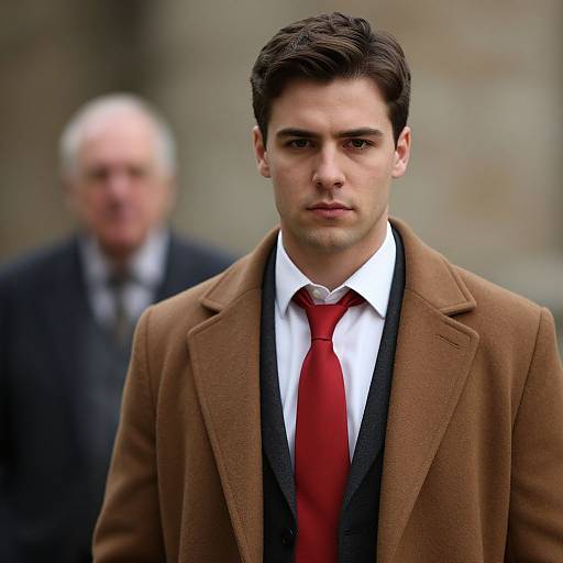 Photograph of a serious young man with dark hair, wearing a brown blazer, white shirt, and red tie, with an older man blurred in