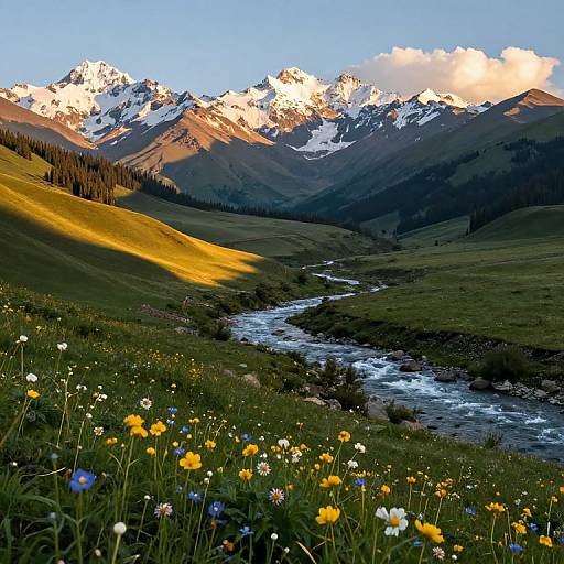 Photograph of a vibrant mountain landscape at sunset, featuring snow-capped peaks, a winding river, colorful wildflowers, and a sunlit meadow