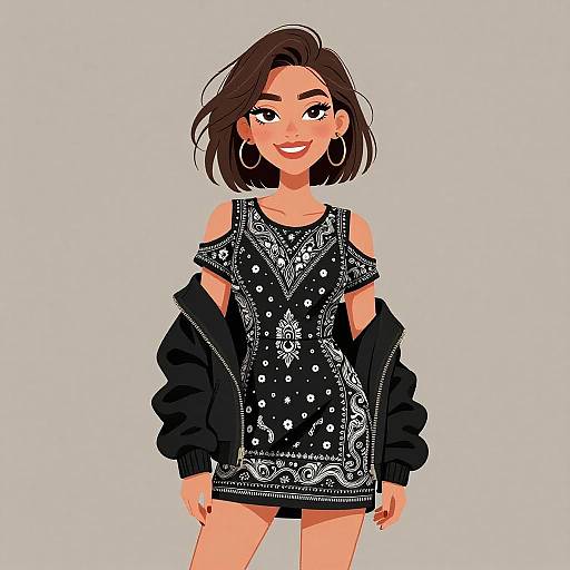 Digital illustration of a smiling woman with short brown hair, large hoop earrings, black off-shoulder patterned sweater, and black jacket. Gray background