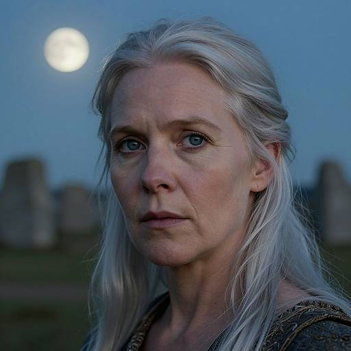 Photograph of a serious, middle-aged white woman with long, silver hair, blue eyes, and fair skin, set against a moonlit, stone