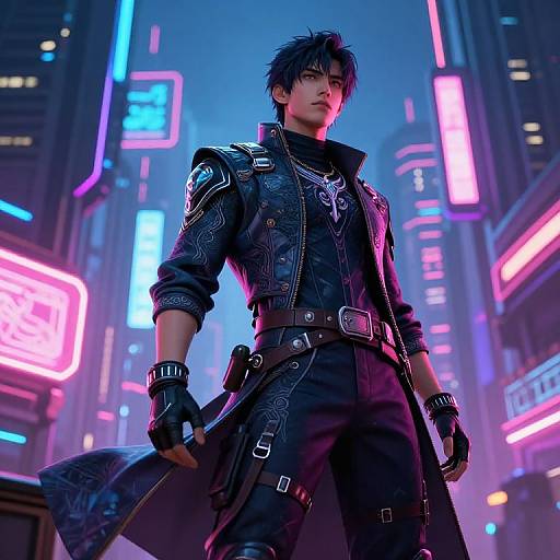 Digital artwork of a handsome, dark-haired man in a black, ornate leather coat and gloves, standing confidently in a neon-lit, futuristic city