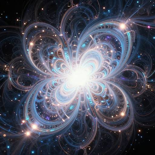 Digital artwork of a radiant, glowing, white-blue, swirling vortex with intricate, looped lines and small, scattered star-like points against a dark,