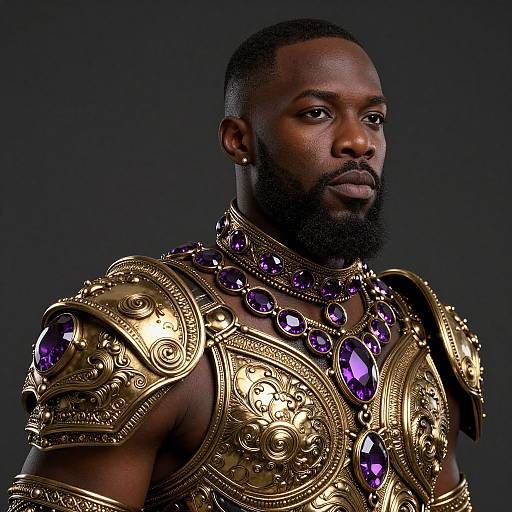 Photograph of a muscular, black man with a beard, wearing ornate, gold armor adorned with large, purple gemstones, against a dark background