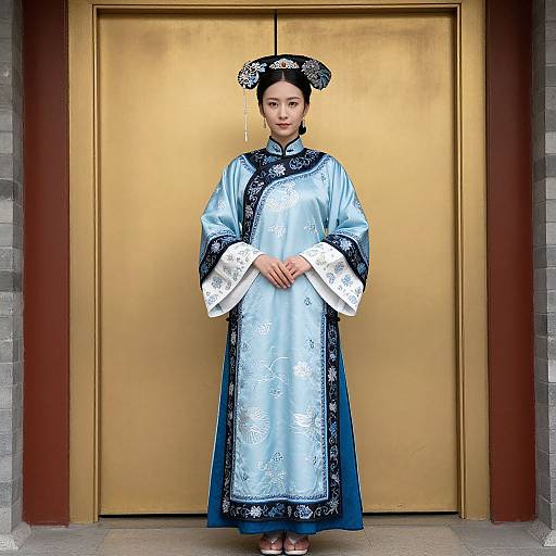Photograph of an Asian woman in traditional light blue silk qipao with black and white floral embroidery, standing in front of golden doors. She wears