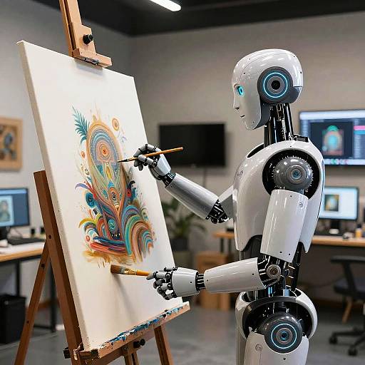 Humanoid Robot Painter in Futuristic Studio