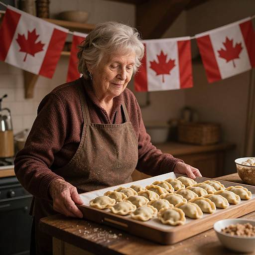 Photograph of an elderly Caucasian woman with gray hair, wearing a brown apron, placing doughnuts on a wooden baking tray in a warmly lit kitchen