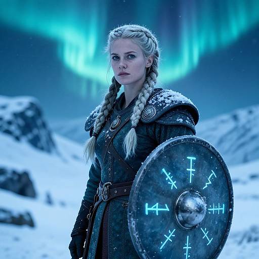 Photorealistic image of a fierce, blonde Viking woman with braids, wearing a dark, armored cloak and holding a glowing shield, standing in a