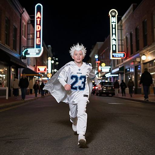 Photograph of a young boy with spiky white hair, wearing a white football uniform with blue 
