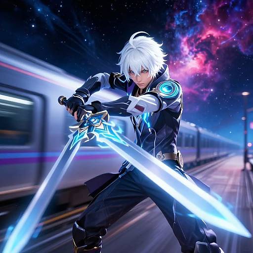 Digital anime artwork of a white-haired, blue-eyed male warrior in a black jacket, wielding glowing blue swords, on a neon-lit, starry
