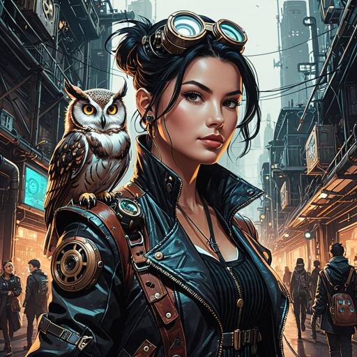 Steampunk Female Inventor with Owl in Cyberpunk City