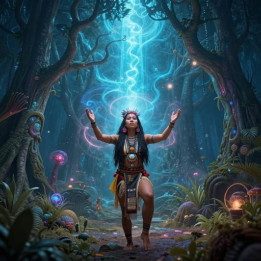 Digital fantasy artwork: Tribal woman with long black hair, adorned in jewelry, stands in enchanted forest, arms raised, glowing blue energy vortex above her head