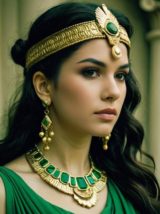 Woman in Green Greek Goddess Costume with Golden Jewelry