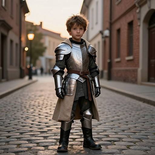 Photograph of a young boy with tousled brown hair, wearing medieval silver armor and standing on a cobblestone street at sunset in a historic town
