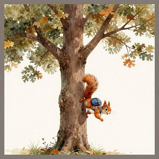 Happy Squirrel Climbing Oak Tree with Blue Backpack