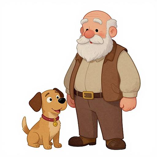 Cartoon illustration of a bald elderly man with a white beard and brown vest standing beside a tan dog with a red collar.