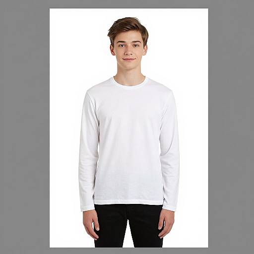 Photograph of a young man with short brown hair, fair skin, wearing a plain white long-sleeve shirt and black pants, standing against a