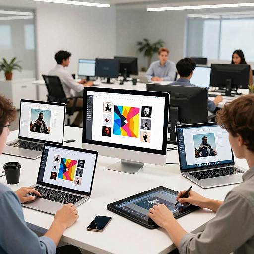 Photograph of a modern office with six people working on laptops, displaying colorful image editing software, in a bright, white room.