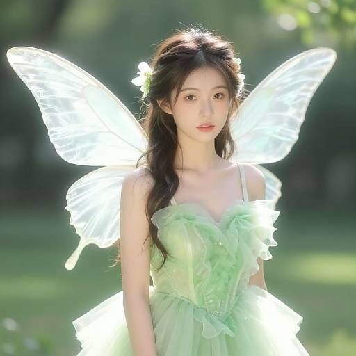 Photograph of an East Asian woman with long black hair, wearing a light green, ruffled dress, and glowing white fairy wings, standing in a