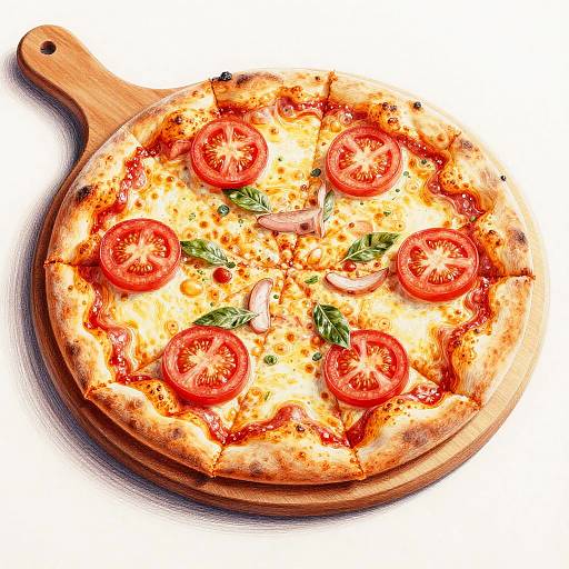 Photograph of a rustic pizza on a wooden board, topped with melted cheese, sliced tomatoes, basil, and caramelized onions, against a white background