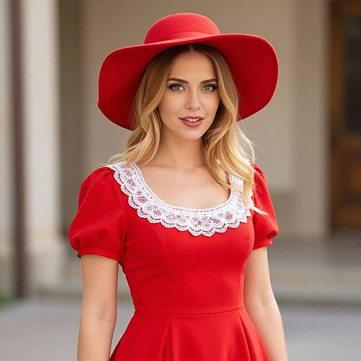 Blonde Woman in Red Dress and Hat