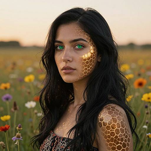 Young Woman with Honeycomb Pattern in Wildflower Meadow