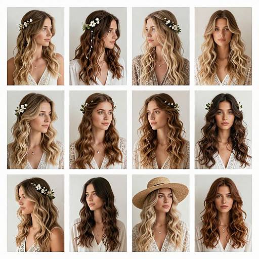 Photograph collage of nine women with long, wavy hair wearing white lace tops and flower crowns, showcasing various blonde and brown hair colors against a