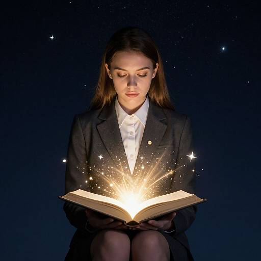 Photograph of a young woman with fair skin and brown hair, wearing a black blazer and white shirt, reading a glowing book with magical sparks against