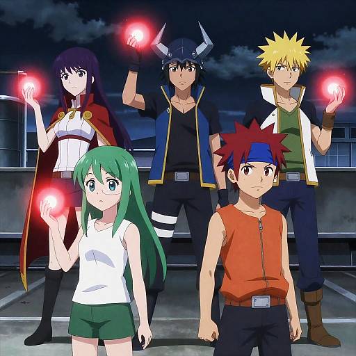 Anime Heroes on a Rooftop at Night