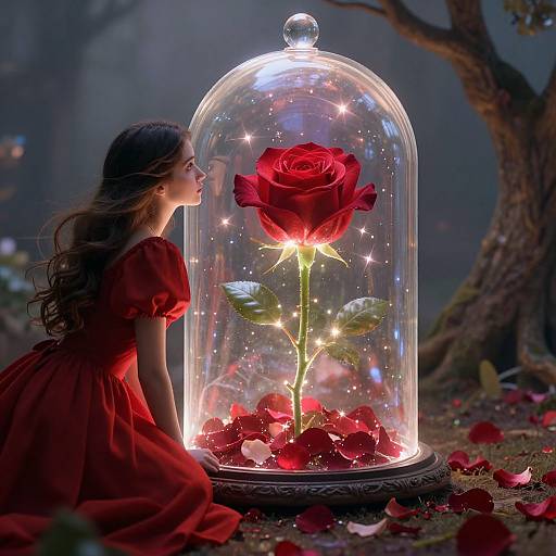 Photograph: Young woman in red dress gazes at glowing red rose inside illuminated glass dome, surrounded by scattered rose petals in mystical forest.