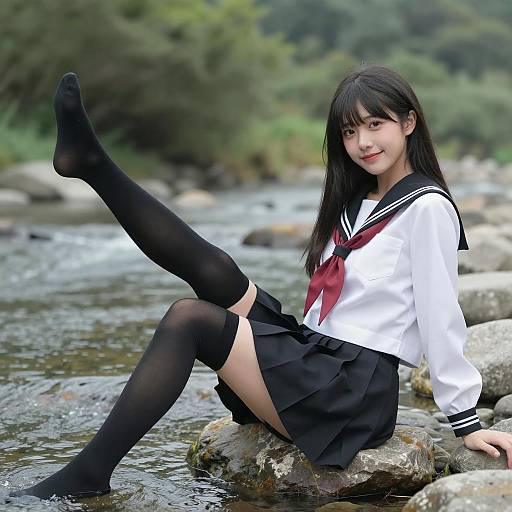 Asian Schoolgirl by the River