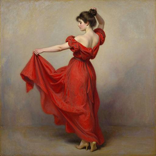 Victorian-style painting of a woman in a flowing red dress, holding the skirt up with one hand, standing in profile against a muted background.