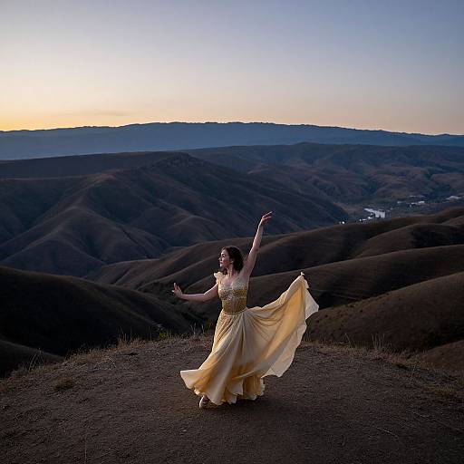 Photograph of a woman with light brown skin, wearing a flowing yellow dress, dancing on a hilltop at sunset, with rolling hills and a clear