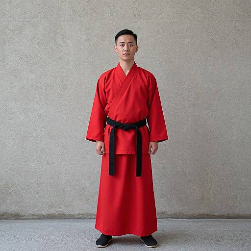 Man in Red Wushu Robe Pose