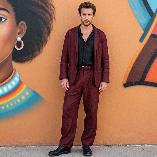 Confident Man in Maroon Linen Suit